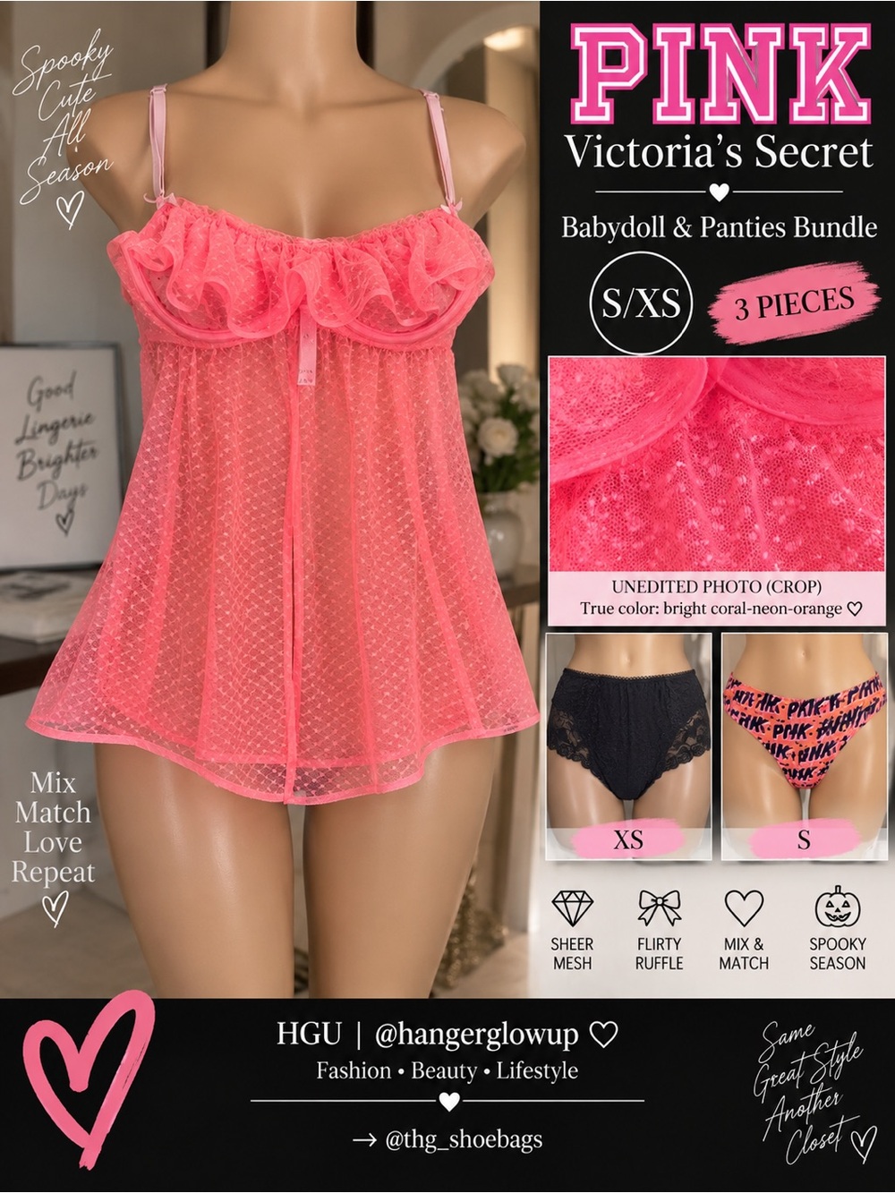 PINK Victoria’s Secret Babydoll + 2 Panties Bundle NWT S XS 3pc